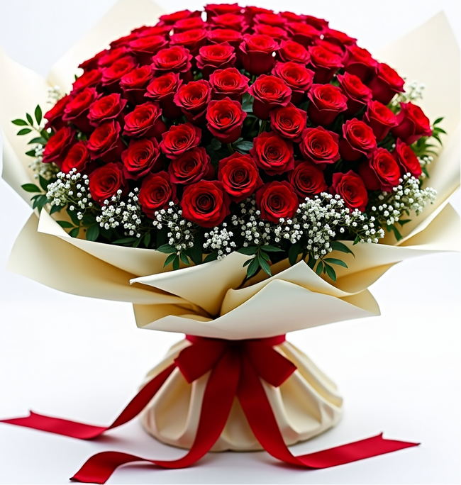 5 dozen red roses with baby’s breath