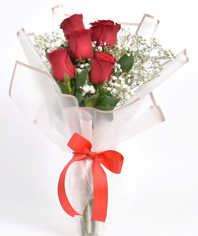 Simple Romance: 6 Red Roses Wrapped with Baby's Breath