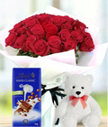 12 Red roses with chocolate Bar and Teddy bear