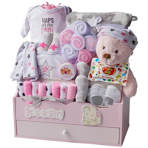 WOODEN TOTE W/ DRAWER (GIRL) - Gift Basket Hub