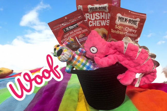 Title: “Pretty in Pink Dog Gift Basket: Toys & Chewy Treats”