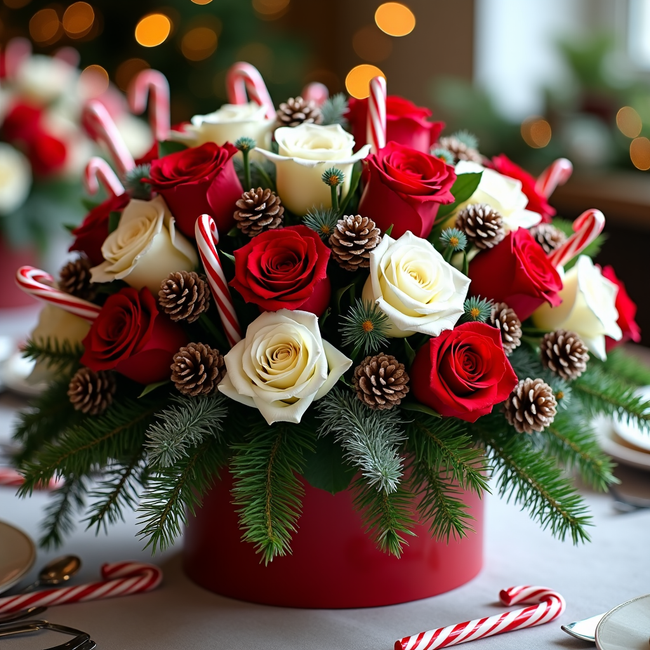 Red & White Roses Christmas Centerpiece with Pine Cones & Greenery