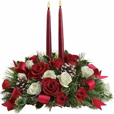 White and red Christmas centrepiece with candles